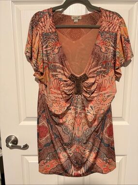 ONE WORLD Peach Multi-Print V-Neck Embellished Blouse